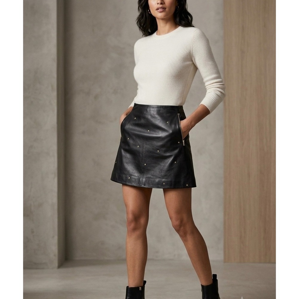 L'AGENCE Jolie Black Lamb Leather Gold Star Studded Mini Skirt Size 0